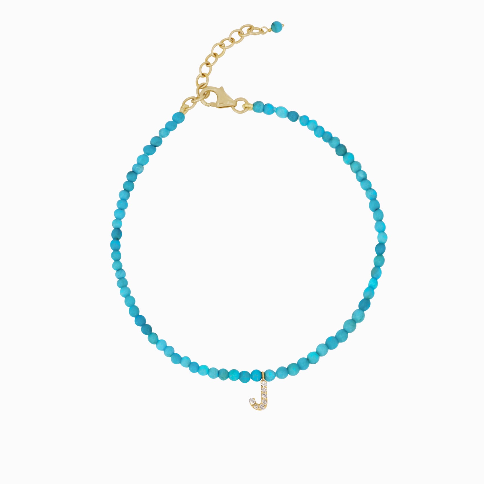 J Initial Letter Pavé Lab Diamond Turquoise Bead Bracelet 14K Solid Gold