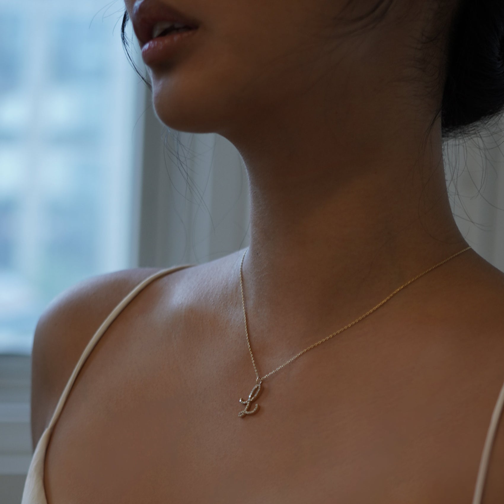 L Script Initial Letter Pavé Lab Diamond Necklace 14K Solid Gold