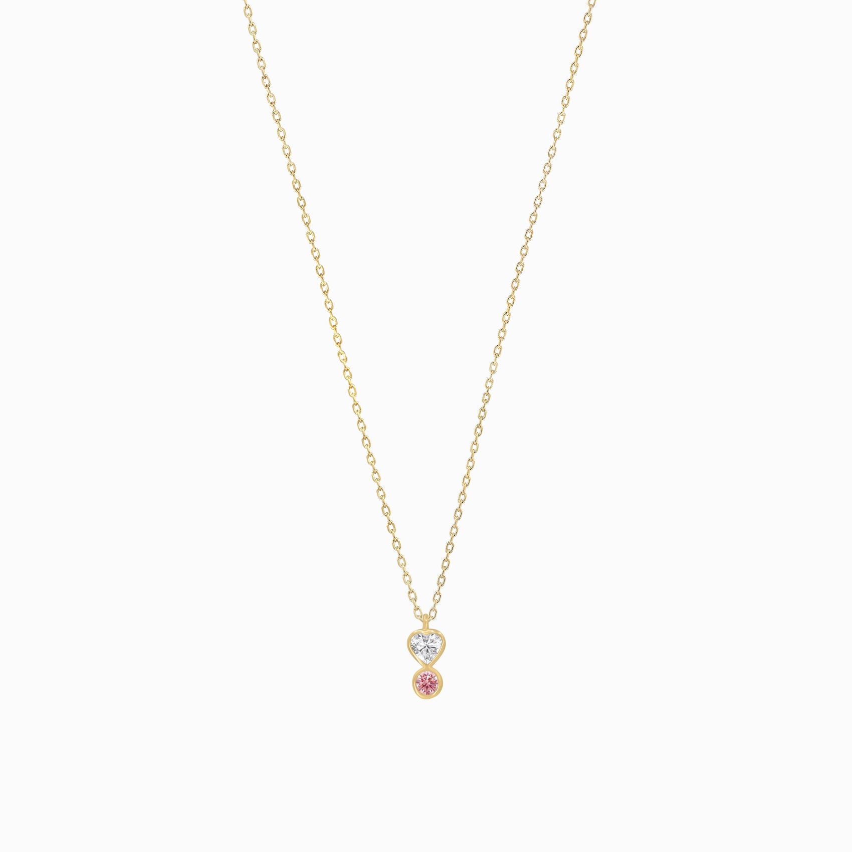 Heart Shape and Round Pink Lab Diamond Necklace 14K Solid Gold