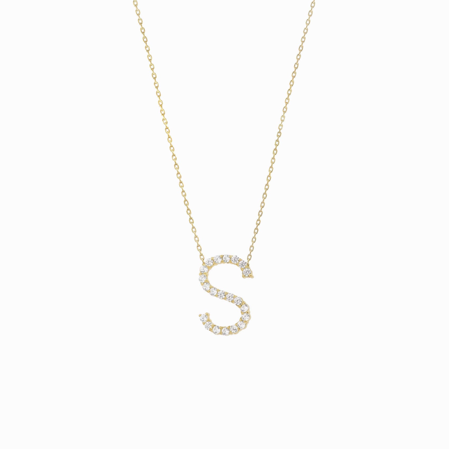S Initial Letter Pavé Lab Diamond Necklace  14K Solid Gold
