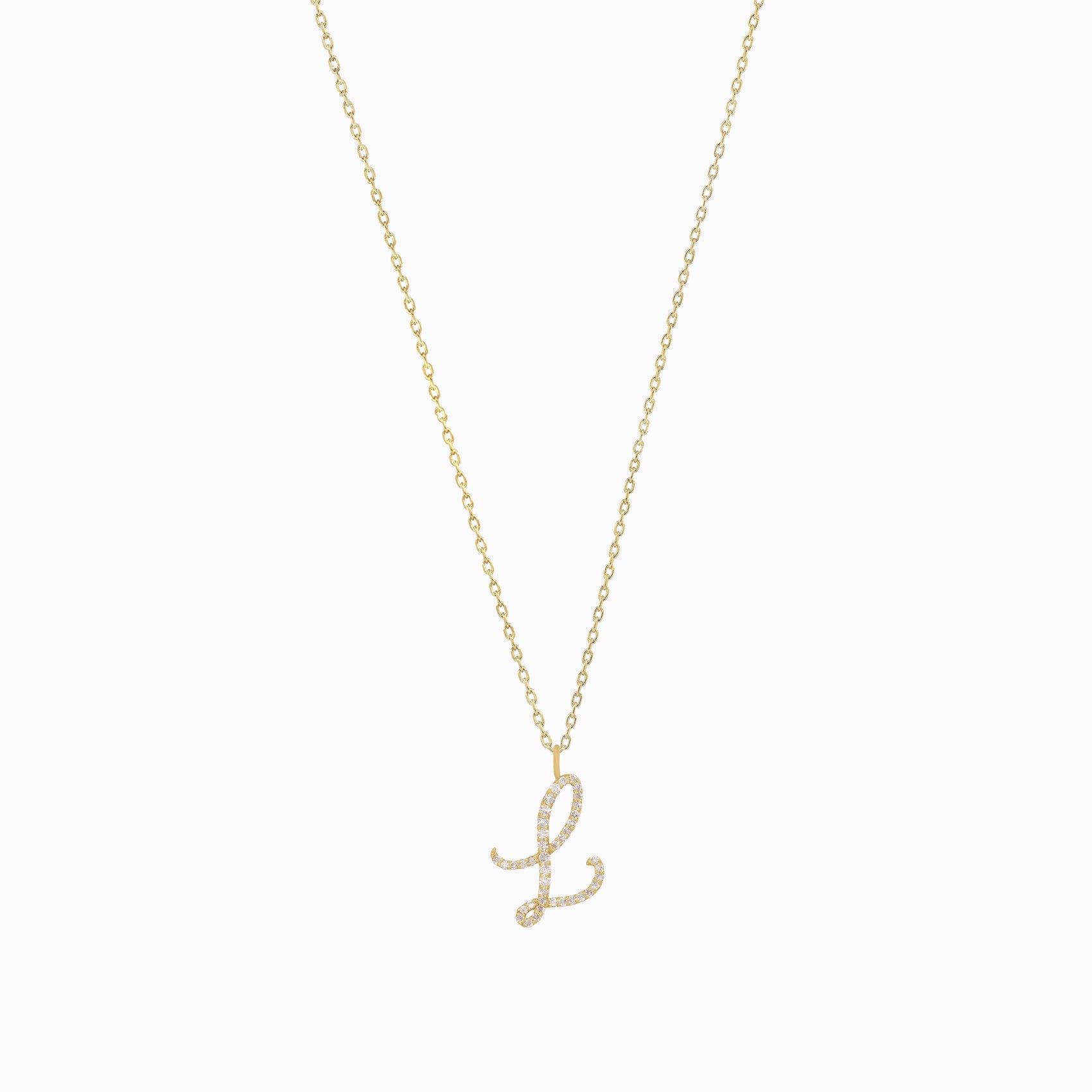 L Initial Script Necklace Pavé Lab Diamond 14K Solid Gold 18 Inch