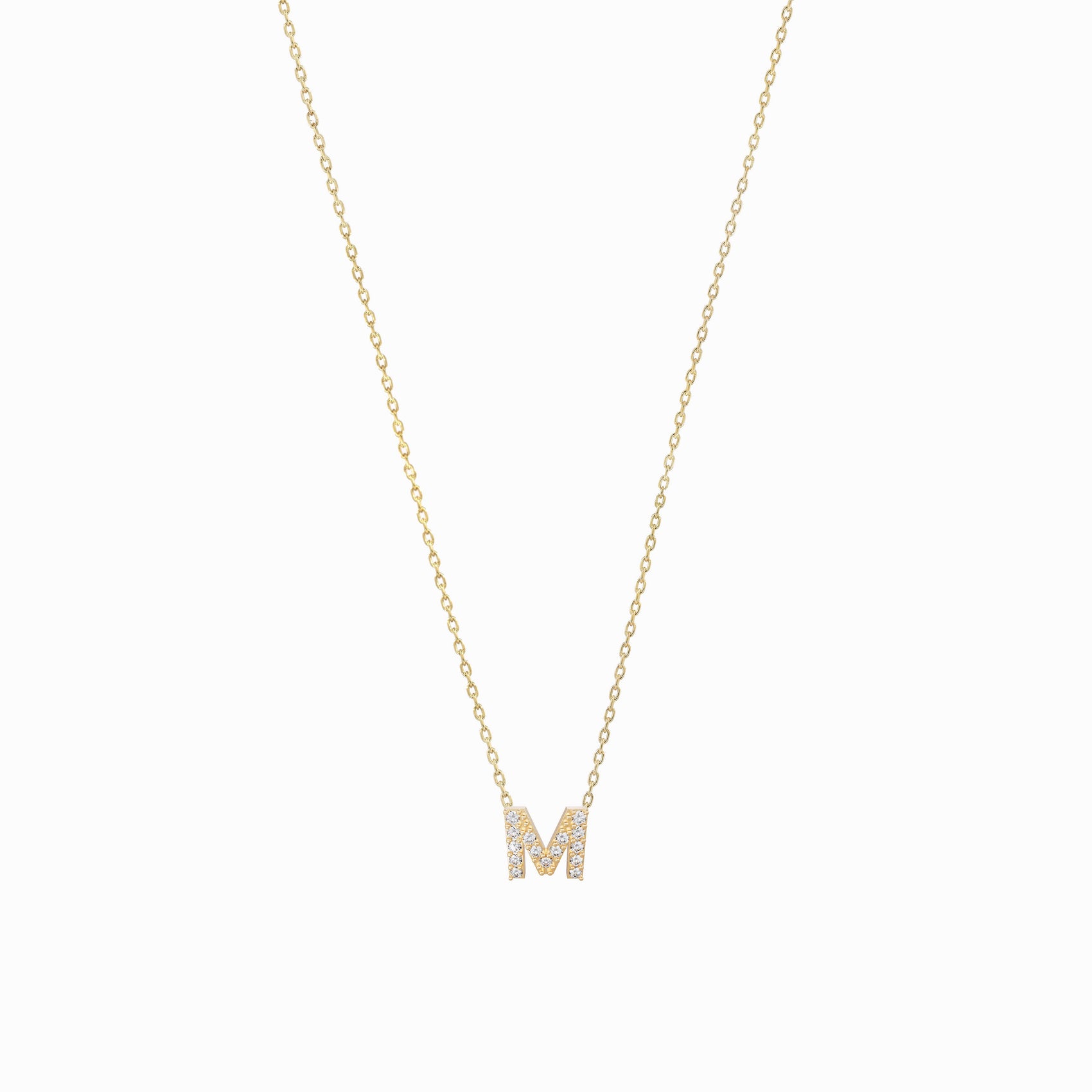 M Initial Letter Lab Diamond Necklace 14K Solid Gold