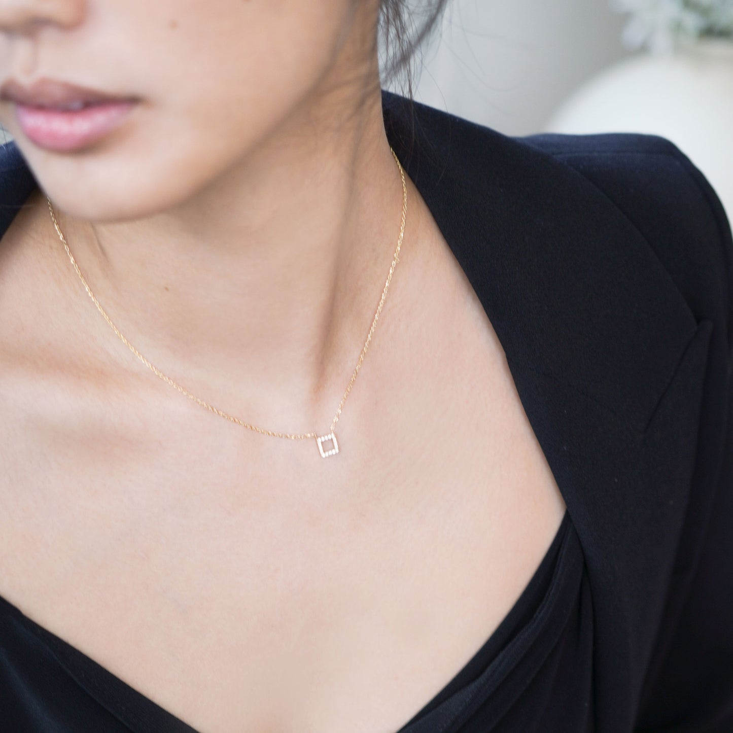 Korean Hangul Letter Pavé Lab Diamond Necklace Sterling Silver ㅁ