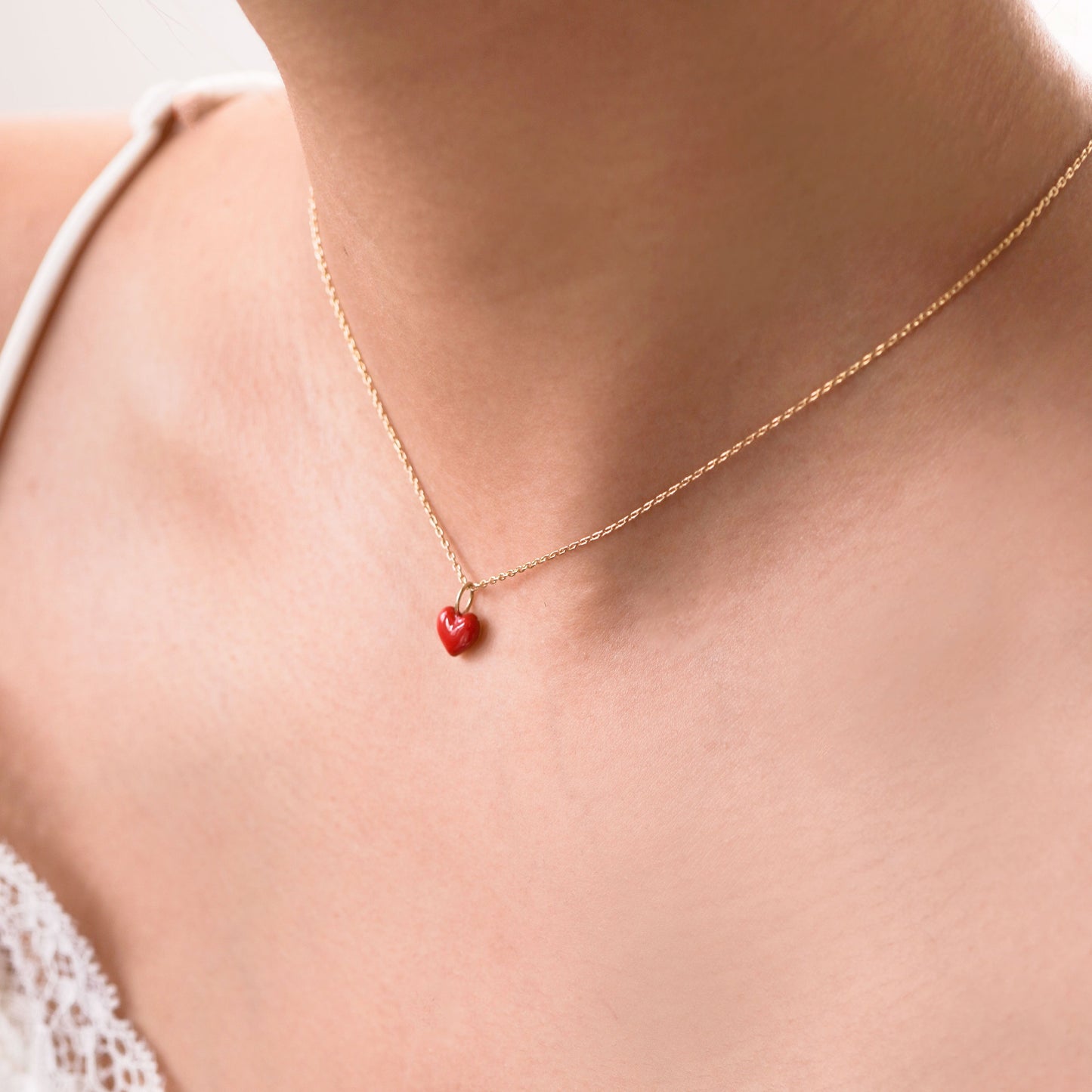 Full Heart Enamel Charm Necklace 14K Solid Gold