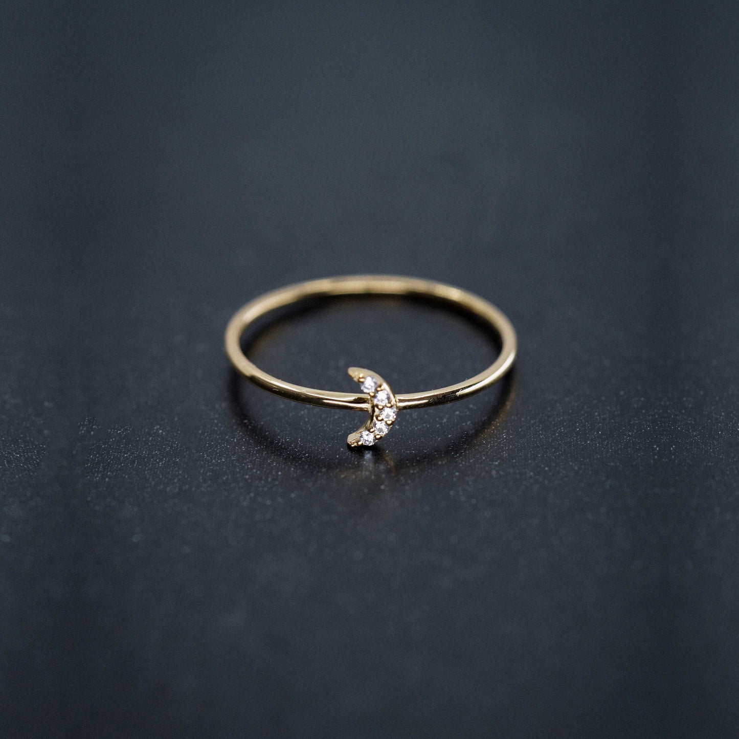 Crescent Moon Line Pavé Diamond Ring 14K Solid Gold