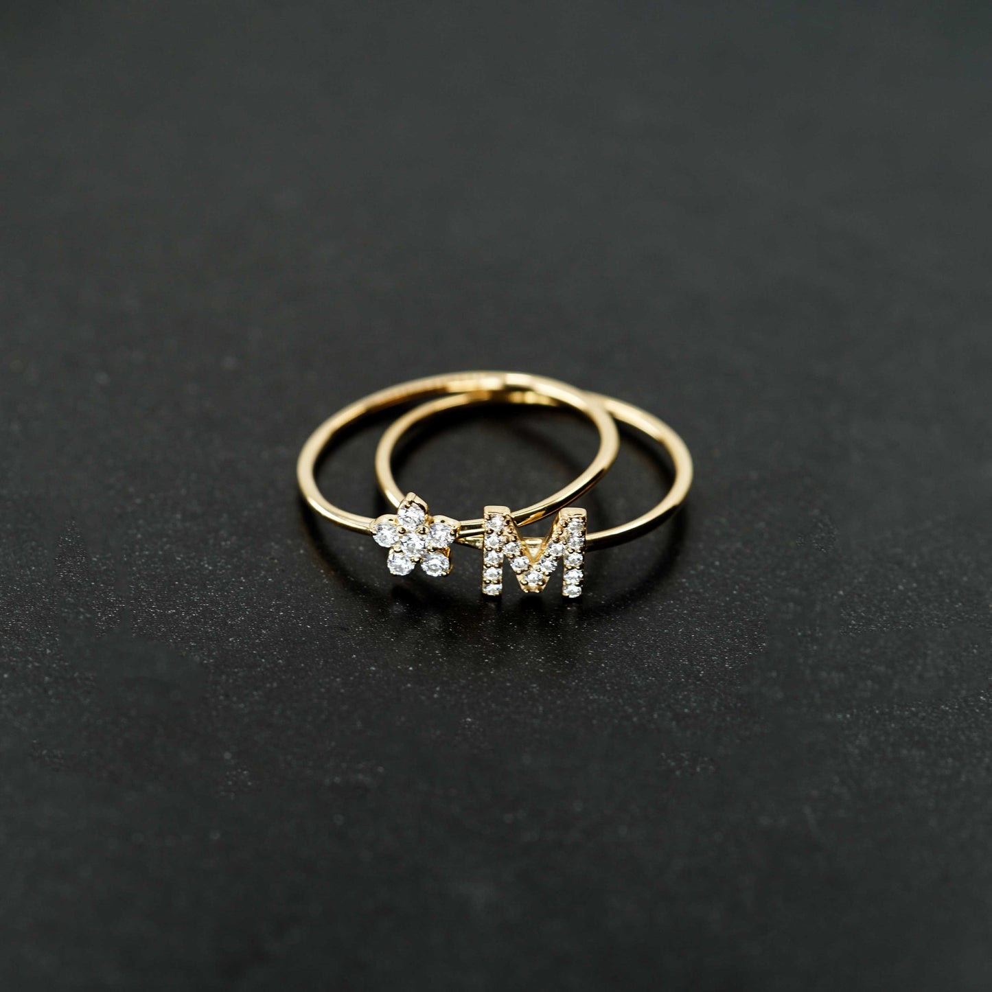 K Line Initial Letter Pavé Lab Diamond Ring 14K  Solid Gold