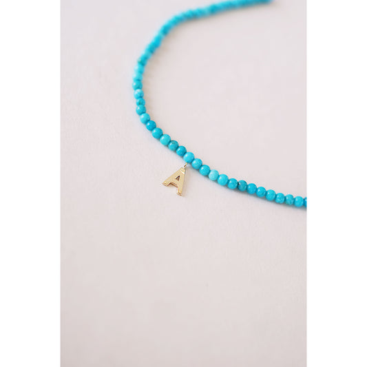 A Initial Letter Charm Turquoise Bracelet 14K Solid Gold