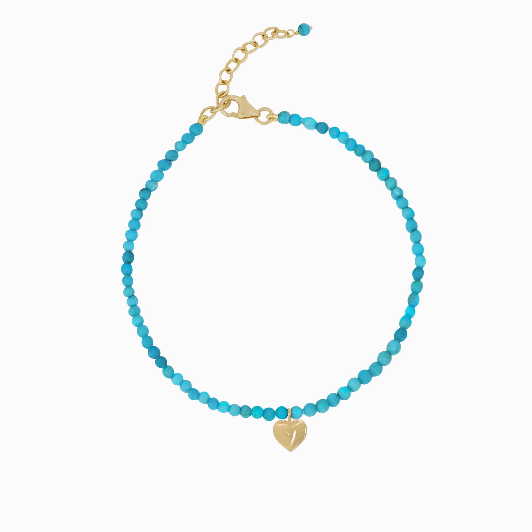 Full Heart Charm Turquoise Bead Bracelet 14K Solid Gold