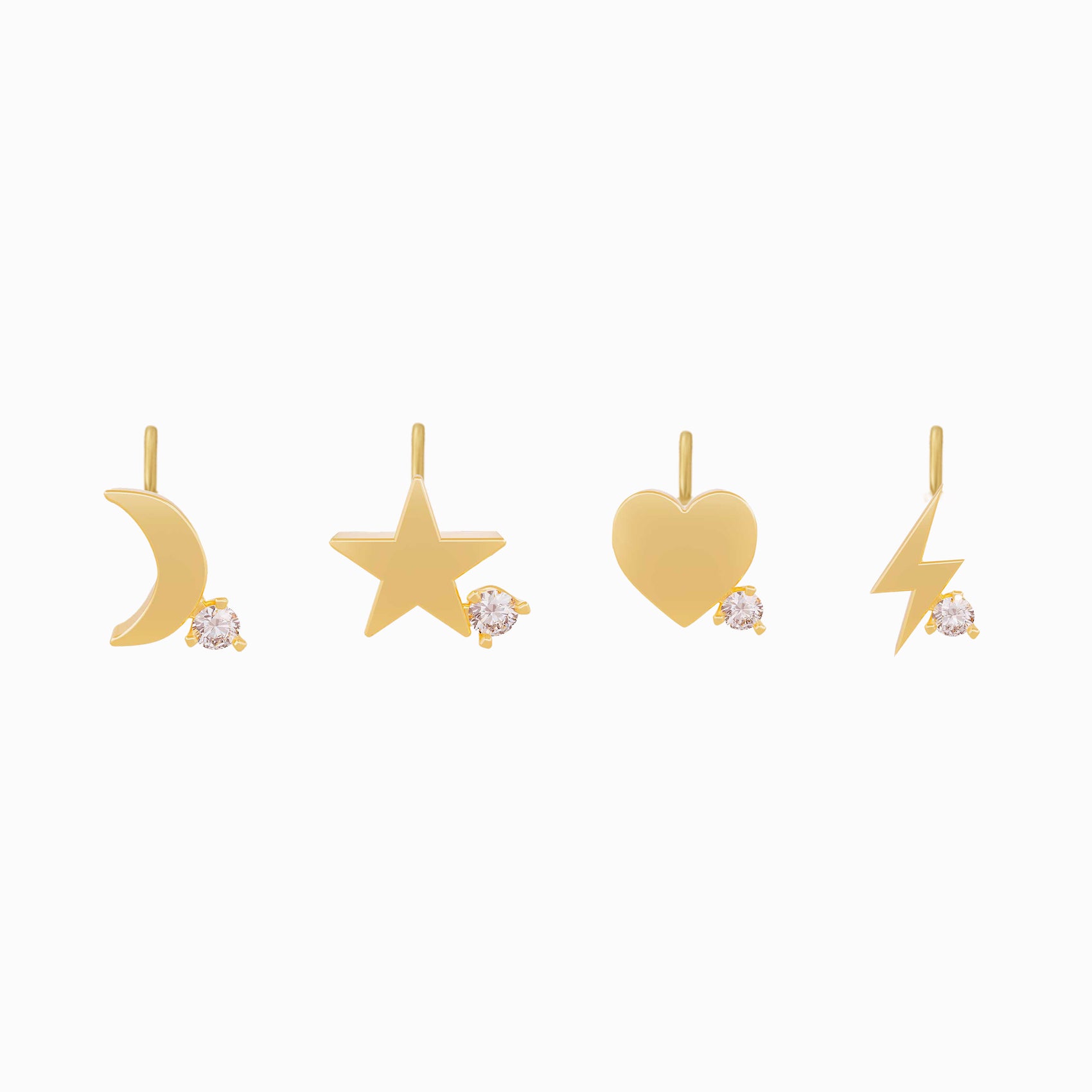 One Pavé Diamond Charm 14K Solid Gold – Heart Star Moon Lightning Bolt