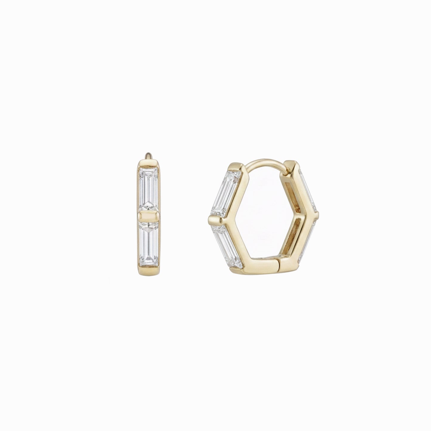 Hexagon Baguette Lab Diamond Hoop Earrings 14K Solid Gold -10mm