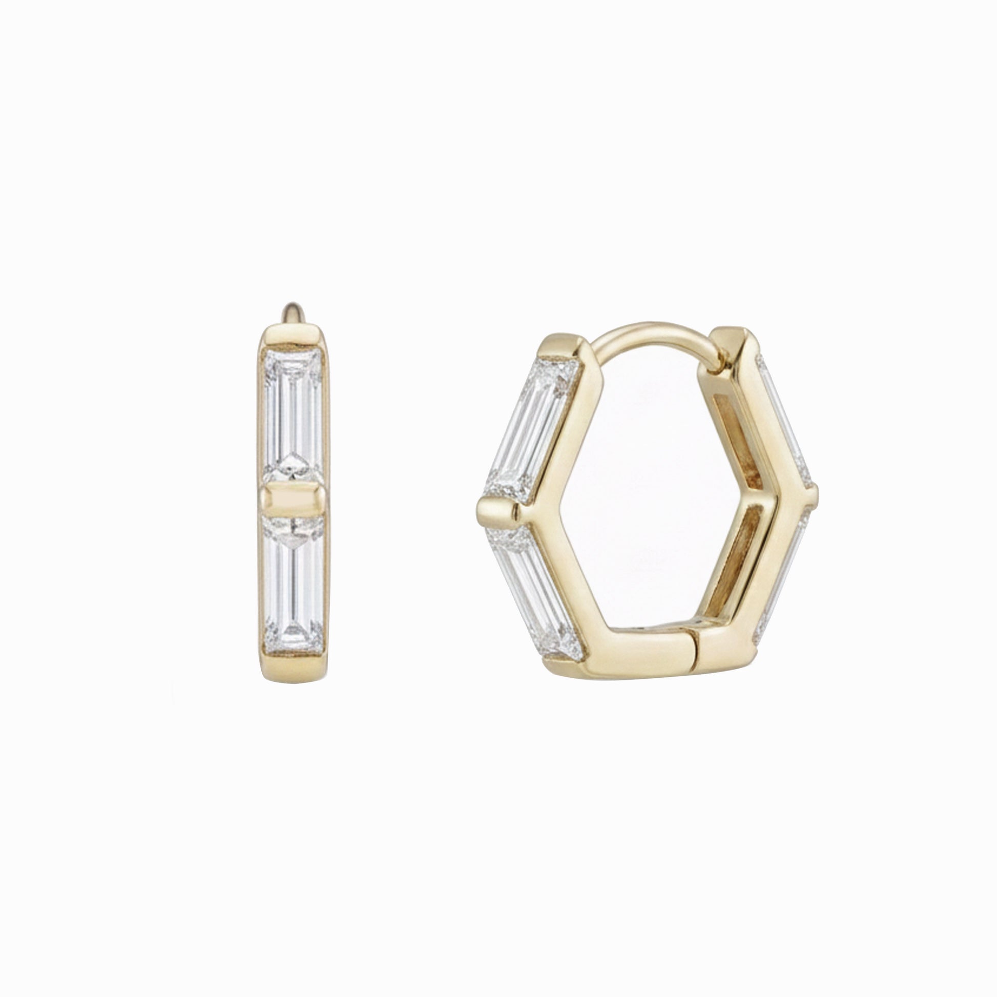 Hexagon Baguette Lab Diamond Hoop Earrings 14K Solid Gold -12mm