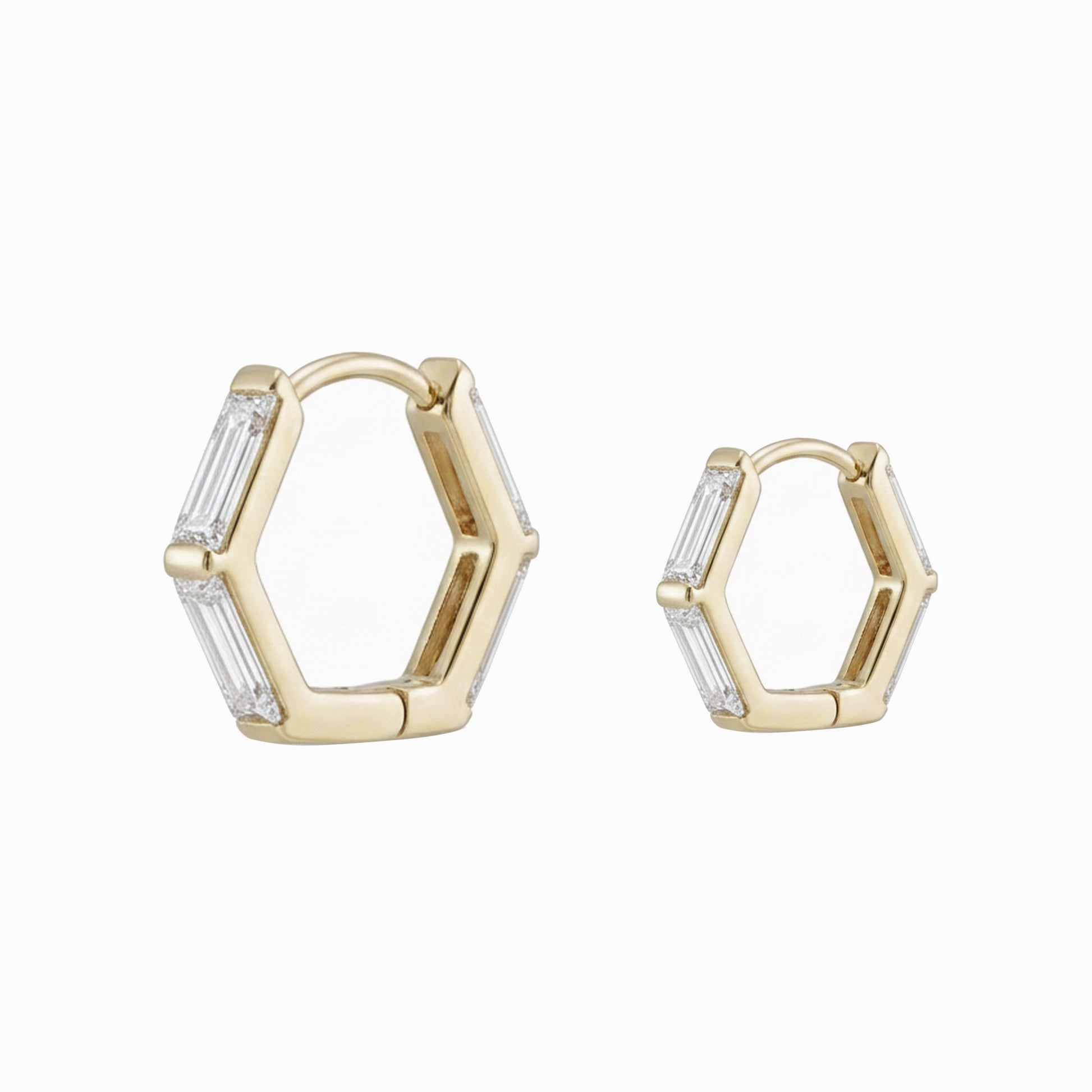 Hexagon Baguette Lab Diamond Hoop Earrings 14K Solid Gold -12mm