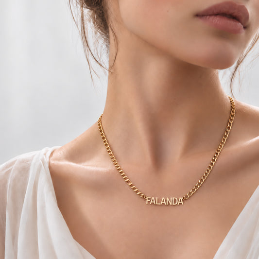 Custom Gothic Name Necklace Cuban Chain 14K Solid Gold – Personalized