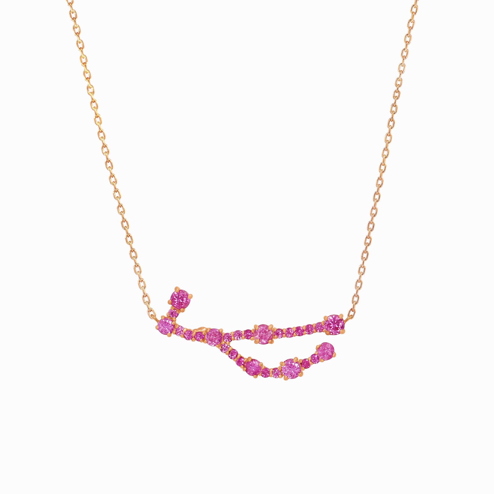 Virgo Zodiac Constellation Pavé Dark Pink Sapphire Necklace 14K Solid Gold | September Birthstone