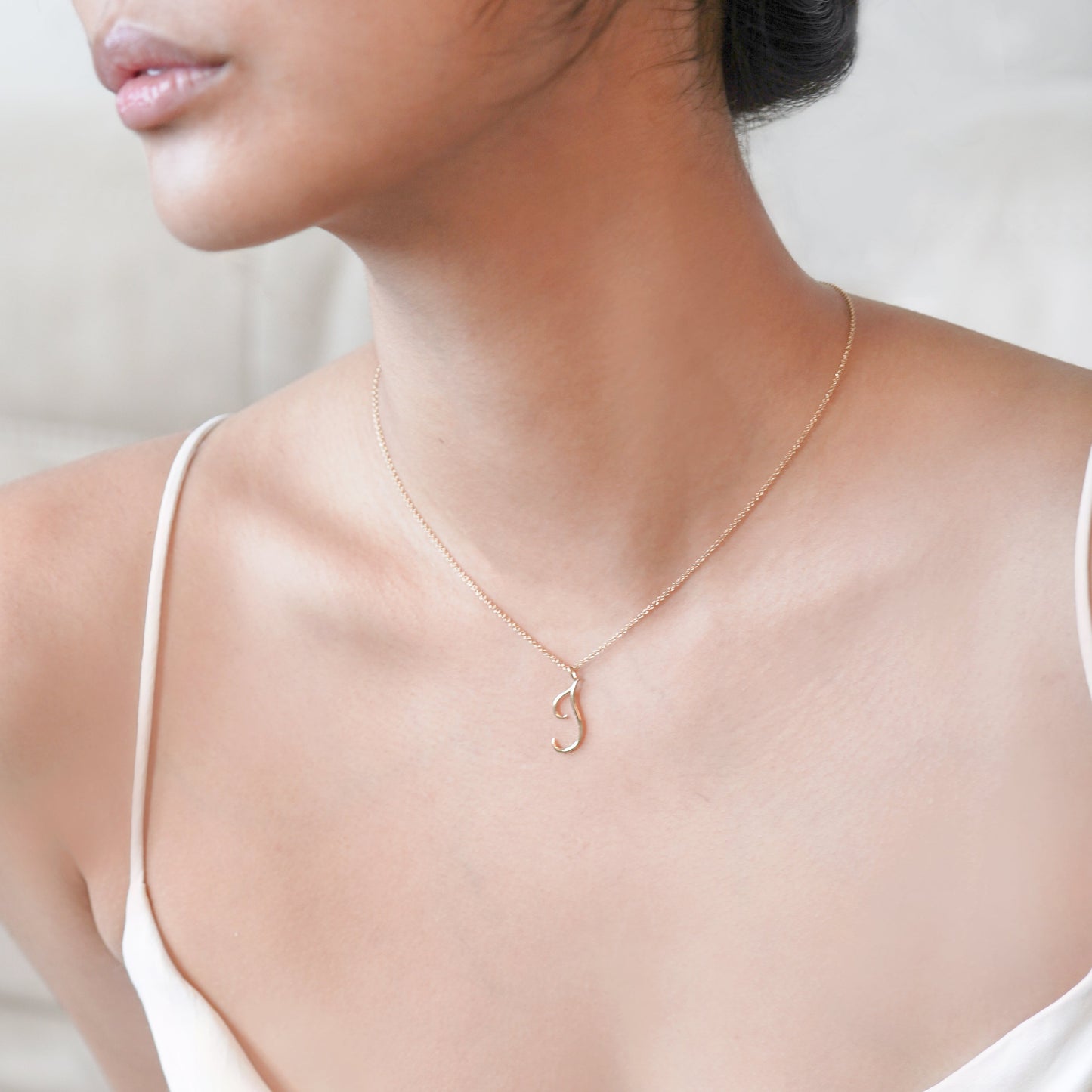 L Script Initial Letter Necklace 14K Solid Gold