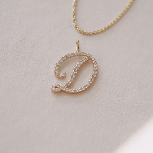 L Initial Script Necklace Pavé Lab Diamond 14K Solid Gold 18 Inch