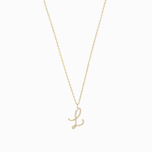 L Script Initial Letter Pavé Lab Diamond Necklace Charm 14K Gold