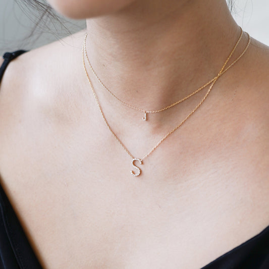 M Initial Letter Lab Diamond Necklace 14K Solid Gold