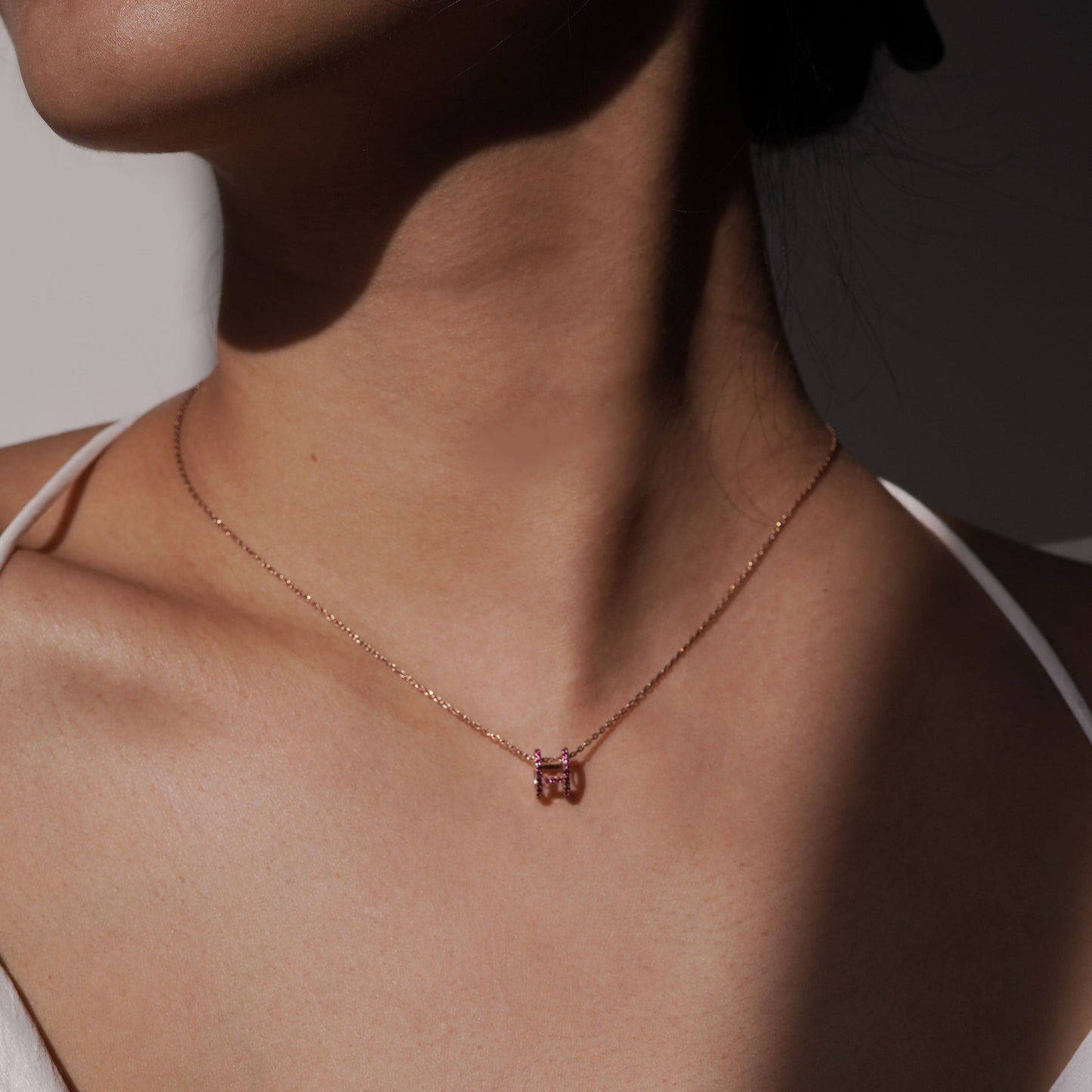 Eclipse H Initial Letter Pavé Pink Sapphire Charm 14K Rose Gold | September Birthstone