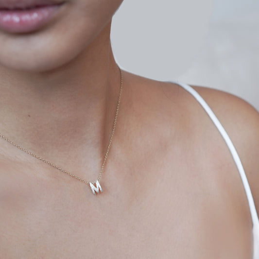 Eclipse M Initial Letter Pavé Diamond Necklace 14K Solid Gold