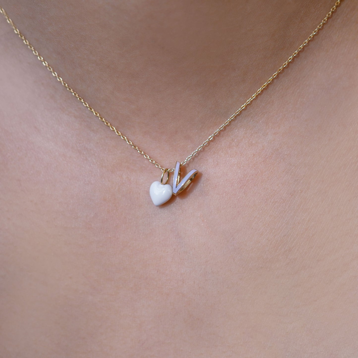 Eclipse V Initial Letter Enamel Necklace 14K Gold
