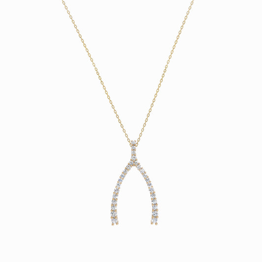 Wishbone Pavé Lab Diamond Necklace 14K Solid Gold Lucky Charm