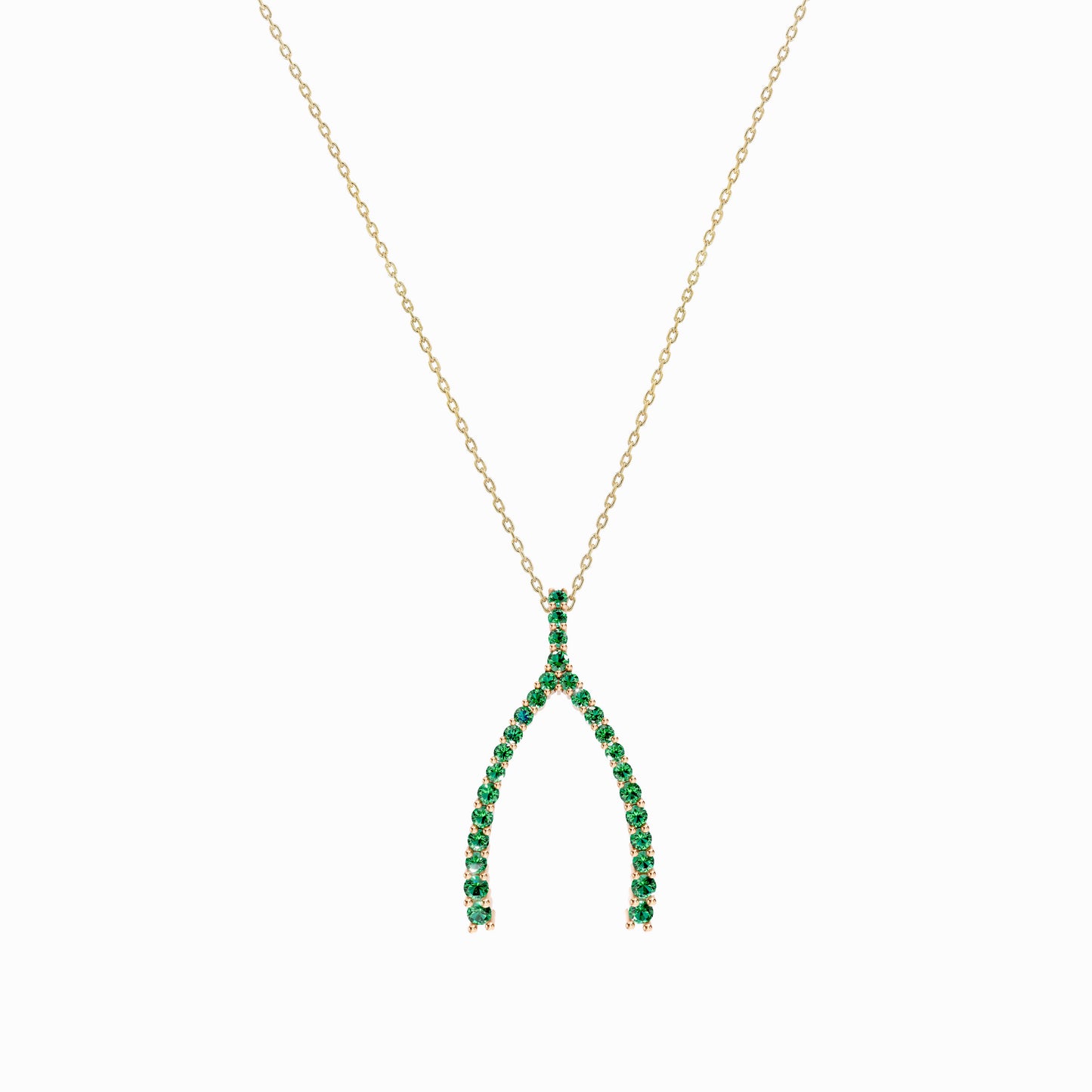 Wishbone Natural Emerald Necklace 14K Solid Gold Lucky Charm
