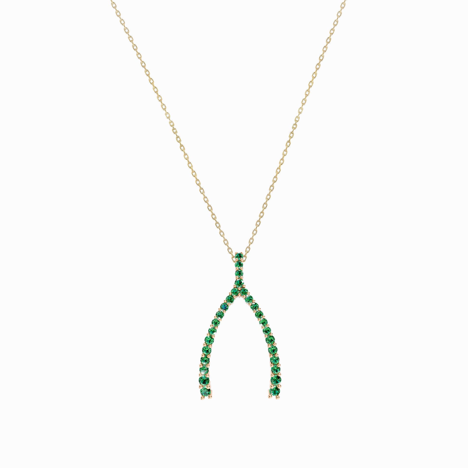 Wishbone Natural Emerald Necklace 14K Solid Gold Lucky Charm