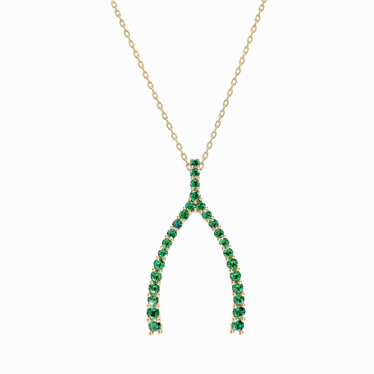 Wishbone Natural Emerald Necklace 14K Solid Gold Lucky Charm