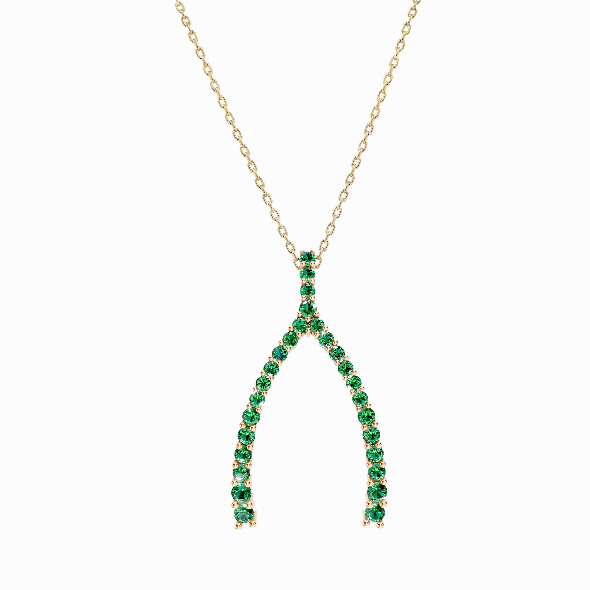 Wishbone Natural Emerald Necklace 14K Solid Gold Lucky Charm