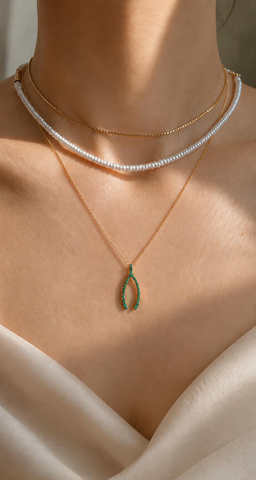 Wishbone Natural Emerald Necklace 14K Solid Gold Lucky Charm | BY L’AIMÉ NEW YORK