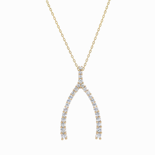 Wishbone Pavé Lab-Grown Diamond Necklace 14K Solid Gold Lucky Charm