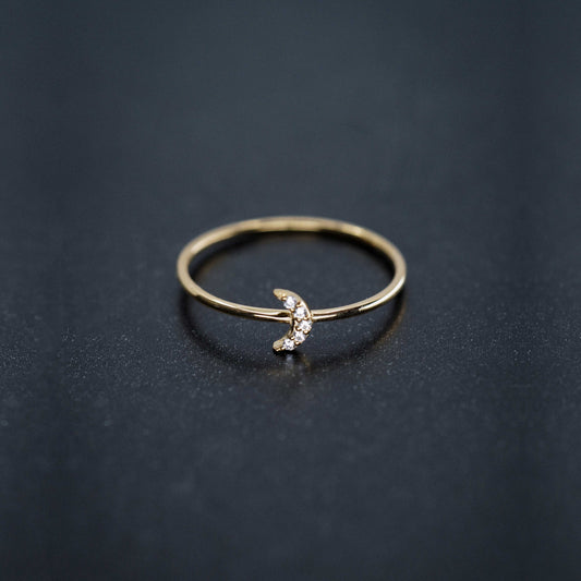 Crescent Moon Line Pavé Diamond Ring 14K Solid Gold