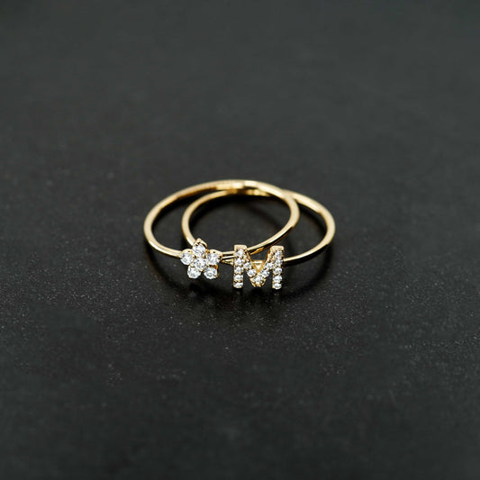 K Line Initial Letter Pavé Lab Diamond Ring 14K  Solid Gold
