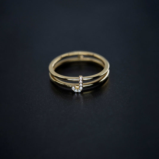 J Initial Letter Pavé Diamond Ring 14K Solid Gold