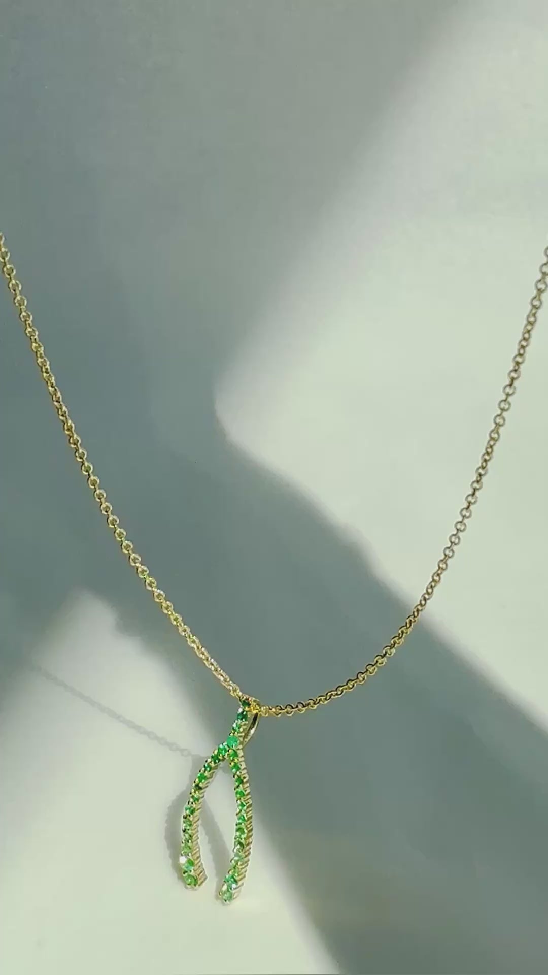 Diamond Initial Letter Charm Wishbone Natural Emerald Necklace 14K Solid Gold Lucky Charm | BY L’AIMÉ NEW YORK