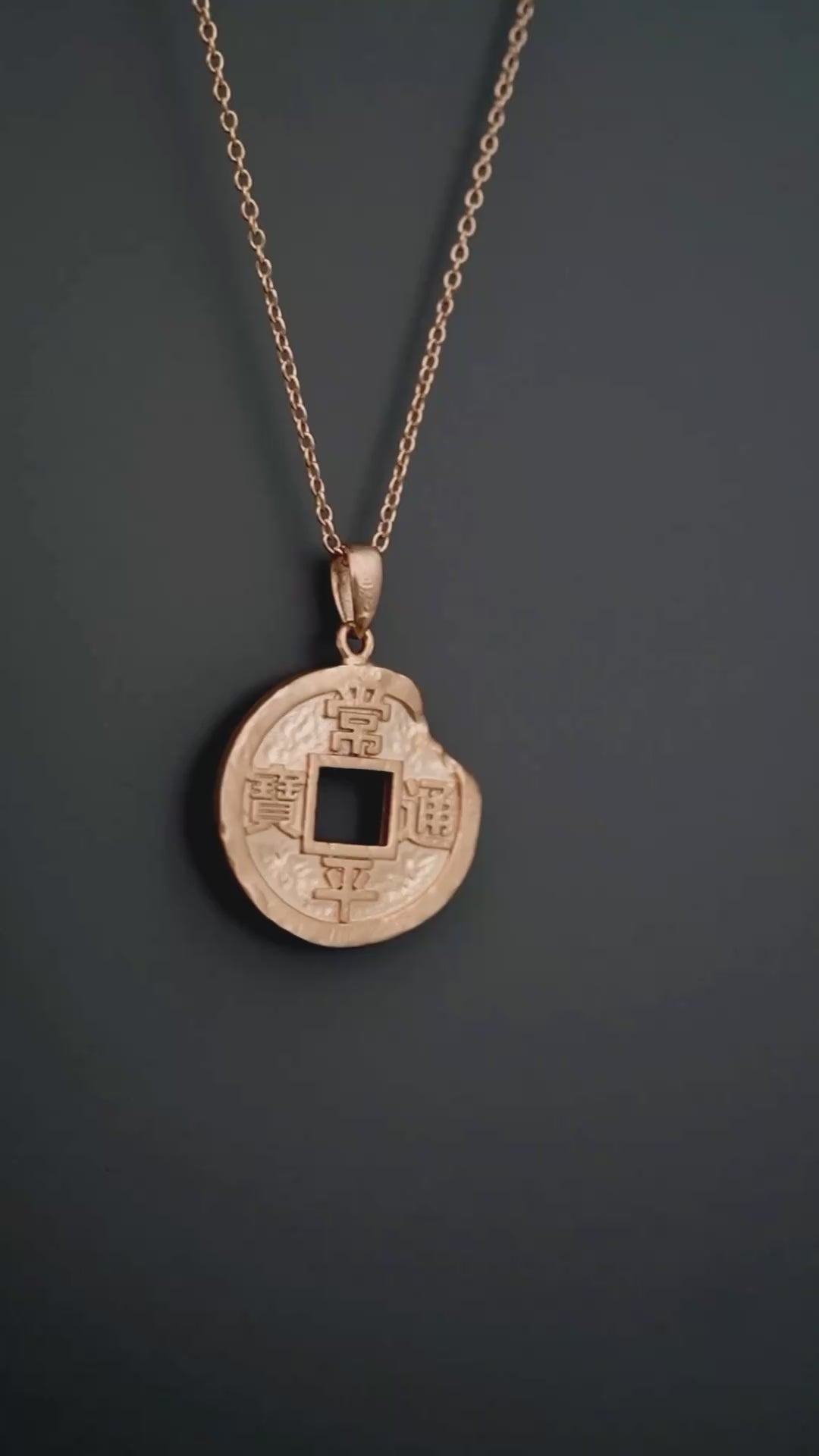 Sangpyeong Tongbo Korean Coin Pendant Necklace 14K Solid Gold