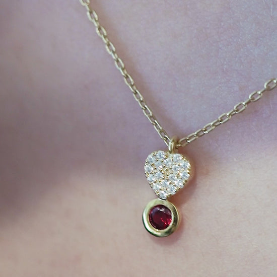 Heart Shape Pavé Lab Diamond & Natural  Necklace 14K Solid Gold | July Birthstone