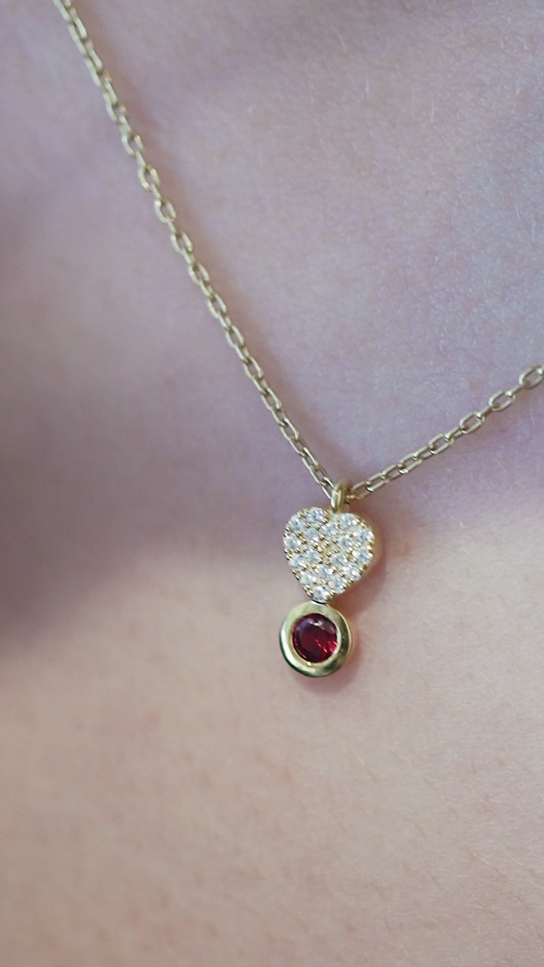 Heart Shape Pavé Lab Diamond & Natural  Necklace 14K Solid Gold | July Birthstone