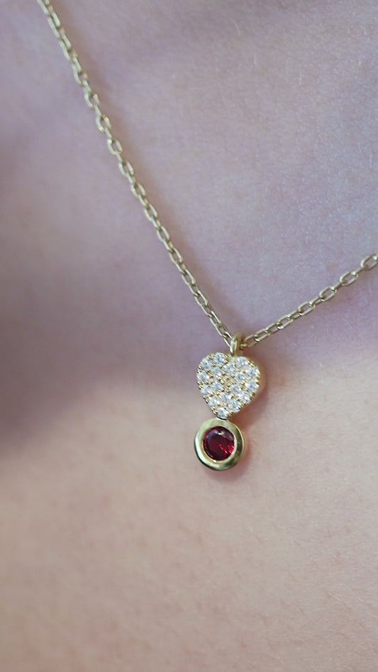 Heart Shape Pavé Lab Diamond & Natural  Necklace 14K Solid Gold | July Birthstone