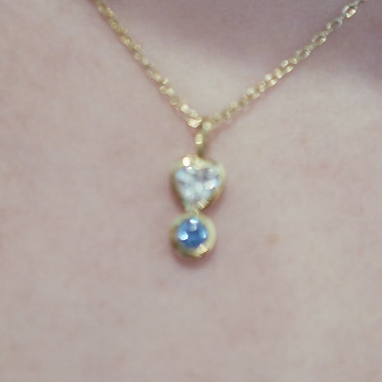 Heart Shape and Round Blue Lab Diamond Necklace 14K SolidGold