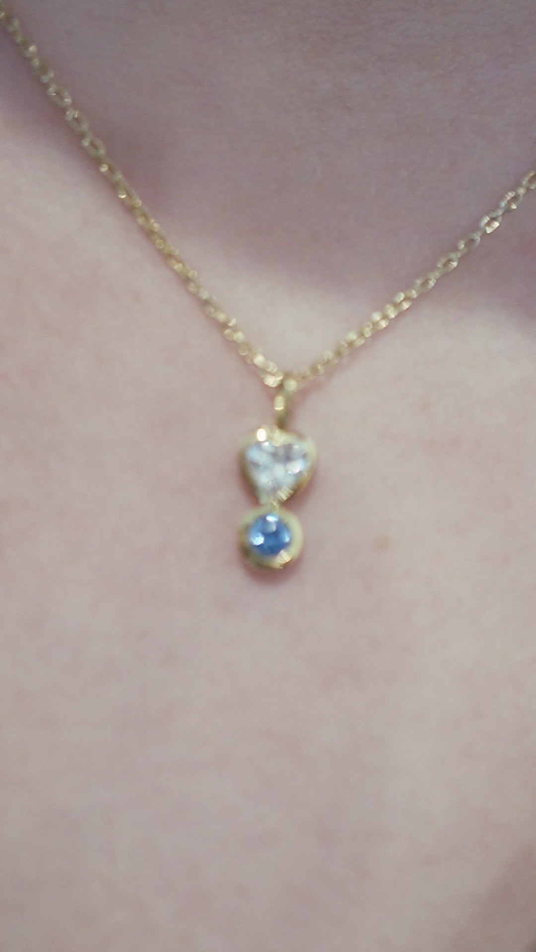 Heart Shape and Round Blue Lab Diamond Necklace 14K SolidGold