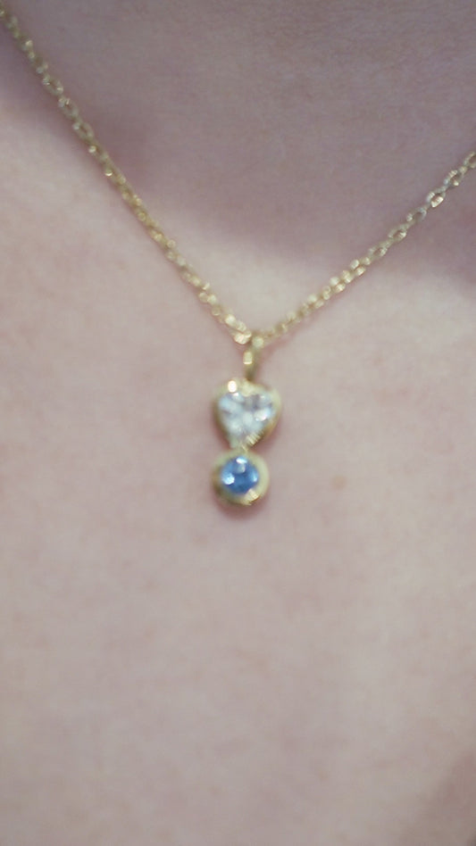 Heart Shape and Round Blue Lab Diamond Necklace 14K SolidGold