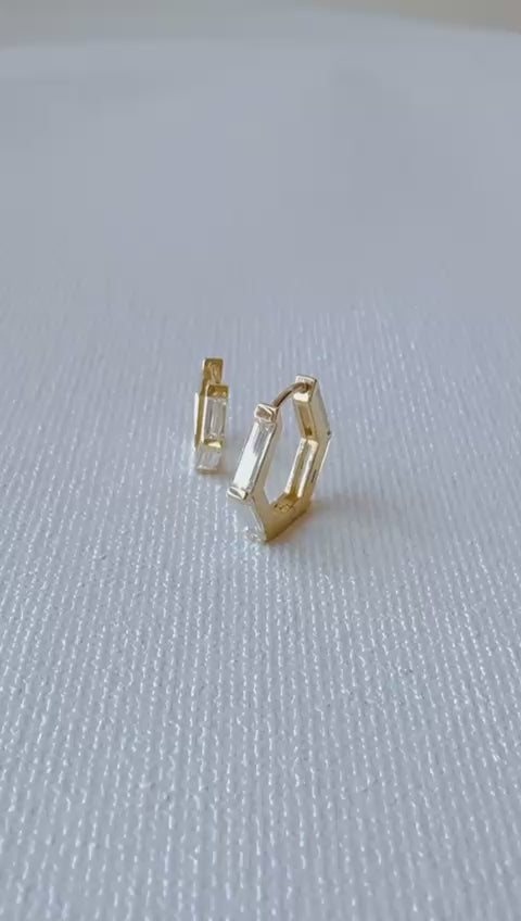 Hexagon Baguette Lab Diamond Hoop Earrings 14K Solid Gold -12mm