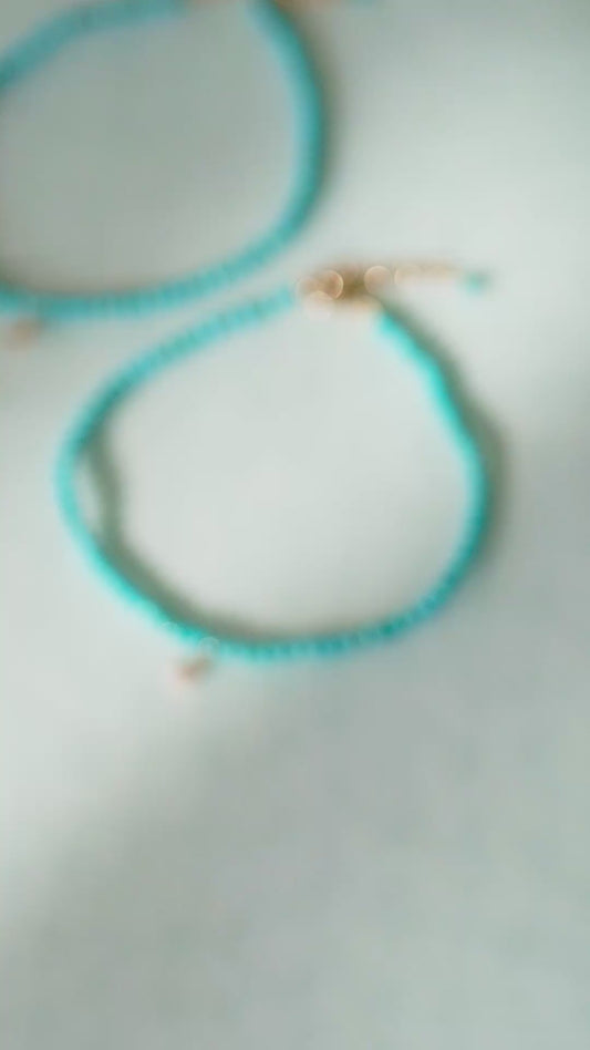 J Initial Letter Pavé Diamond Turquoise Bead Bracelet 14K Solid Gold